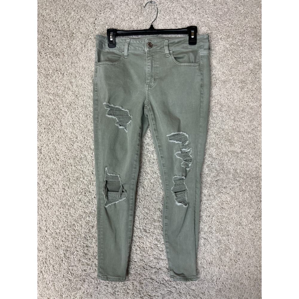 American Eagle Jeggings Jeans Womens 10 Short Green Distressed Skinny Holes‎